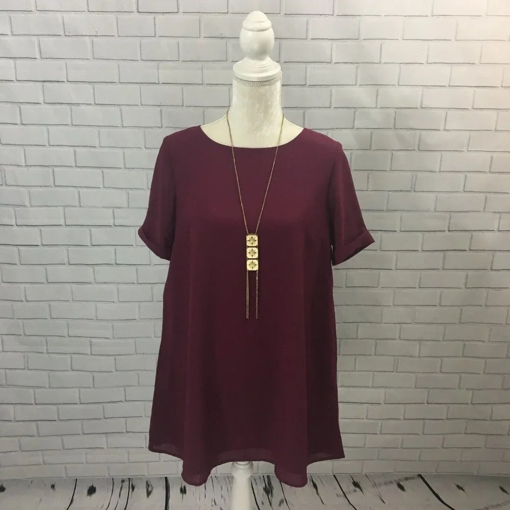 Tobi Minidress or Tunic Burgundy Flowy‎ Loose Fit Short Cuffed Sleeves S